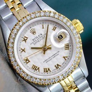 ROLEX LADIES DATEJUST GOLD STEEL CREAM ROMAN DIAL DIAMOND BEZEL 26MM WATCH 69173